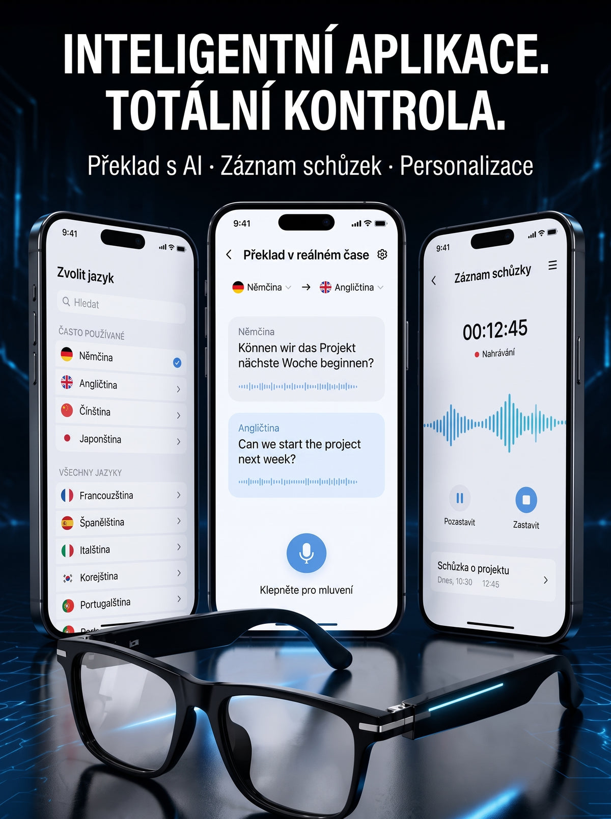 👓 Chytré AI brýle s kamerou 8 MP – překlad v reálném čase do 160+ jazyků, Bluetooth a inteligentní AI funkce🏆
